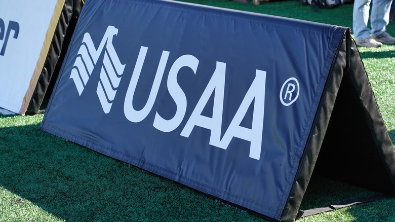 A USAA sign at West Point, New York during an Army football game.
