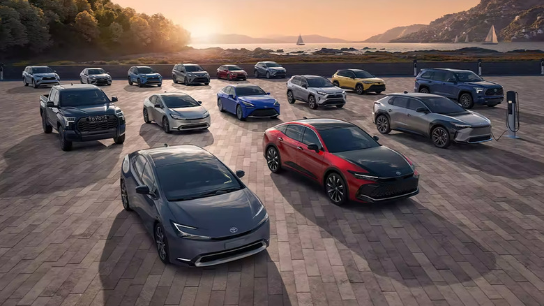 three rows of hybrid and EV Toyotas parked near a rocky shoreline with sialboats in the distance