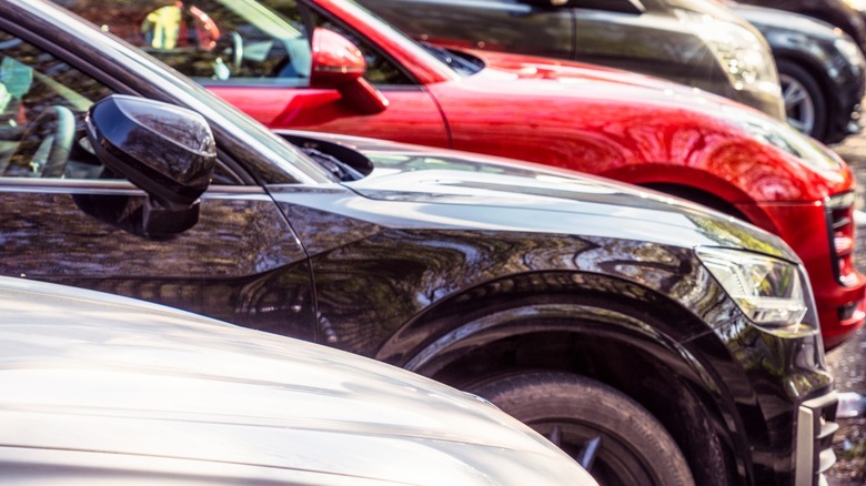 Variety of modern cars parked with their fronts facing the curb