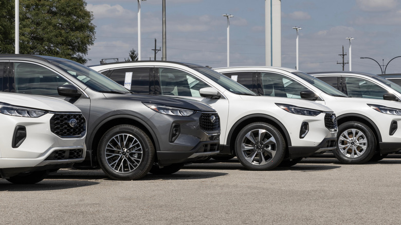 A row of Ford SUVs parked at a car dealership.