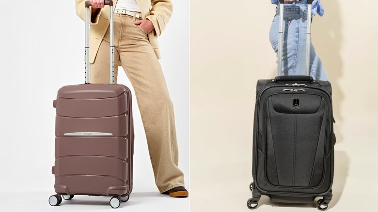 Side-by-side images of women using a brown Samsonite Outline Pro Carry-On Spinner and a black Travelpro Maxlite 5 21-inch Carry-On Spinner