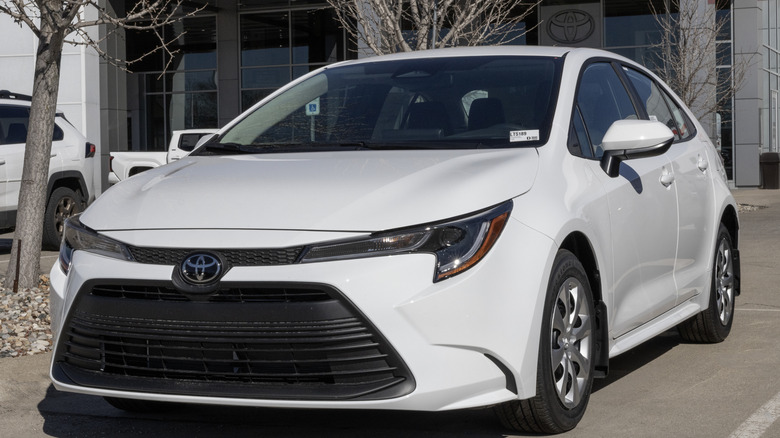 A white Toyota Corolla in a parking lot.