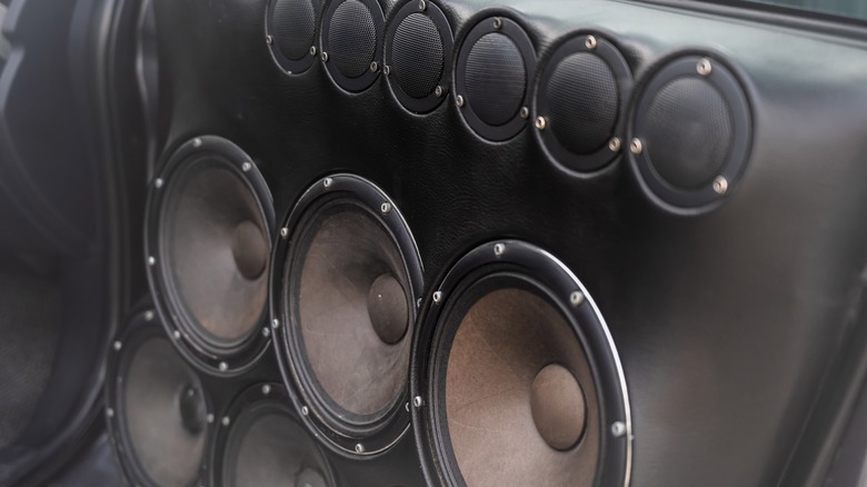 a bank of car audio speakers
