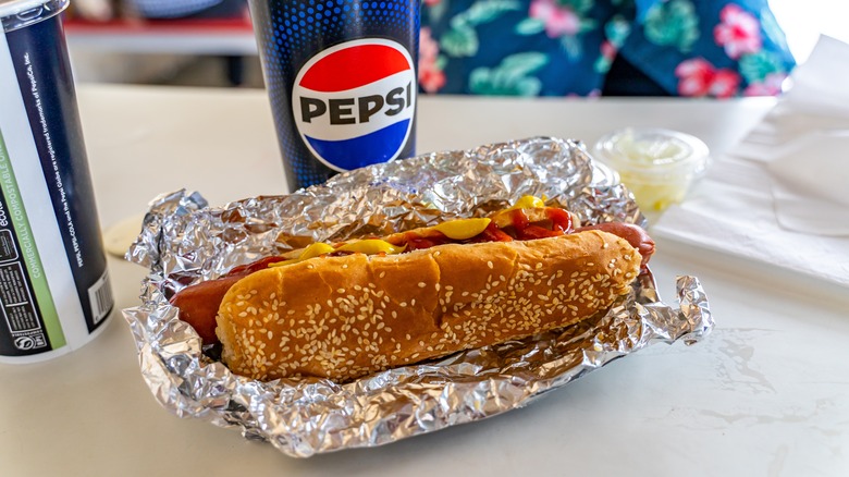 Famous all beef hot dog and fountain drink offering inside Costco Warehouse Food Court.