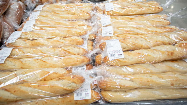 A view of several packages of Kirkland Signature baguettes, on display at a local Costco store.