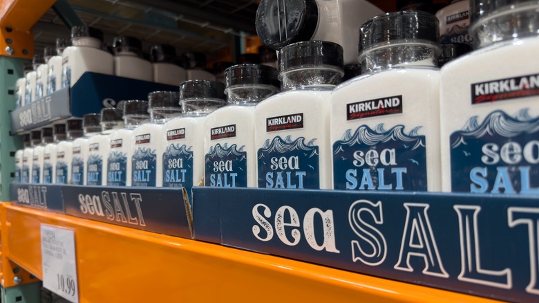 A view of several containers of Kirkland Signature pure sea salt, on display at a local Costco.