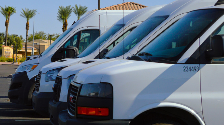 Budget moving trucks lined up in a palm-tree lined parking lot