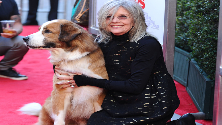 Diane Keaton smiles and hugs a dog on the red carpet