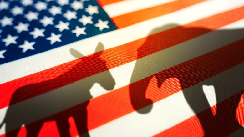 Donkey, elephant on American flag