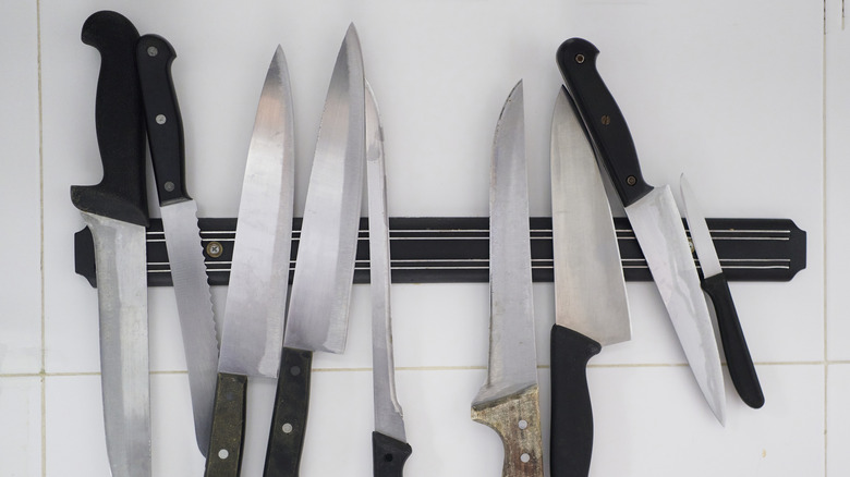 Various types of kitchen knives laid across a magnetic holding strip