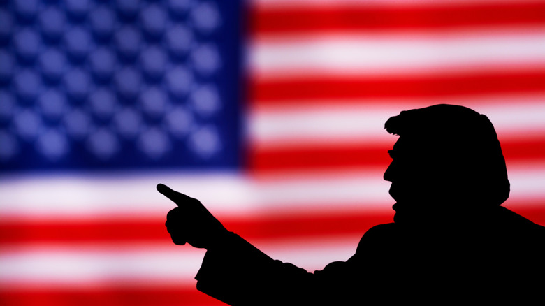 Silhouette of Trump in front of U.S. flag