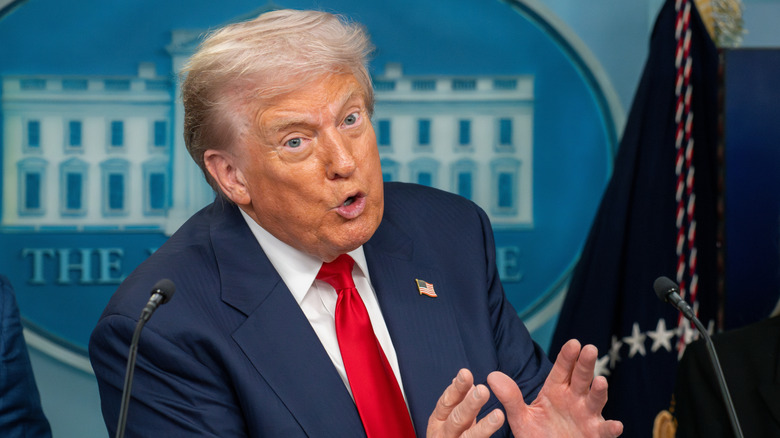 President Donald Trump speaking at a White House podium.