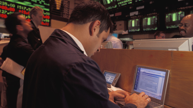 Traders and specialists in the ETF trading pit at the American Stock Exchange.