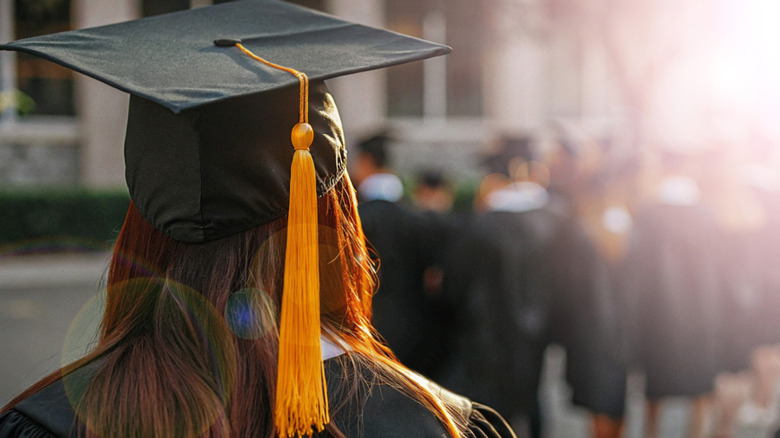 the back of the head of female college student wearing mortarboard