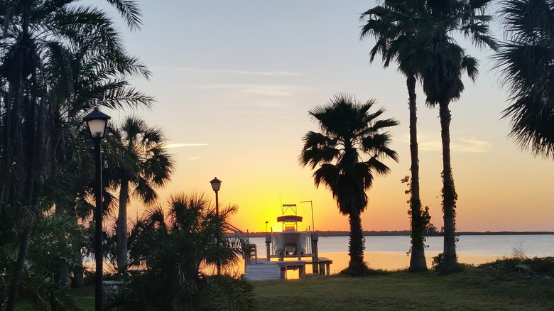 Sunset over costal boat dock