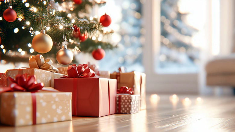 Wrapped presents sit on bare wooden floor under decorated Christmas tree