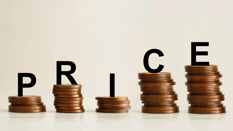 Fluctuating-sized coin piles with last two going up; word price