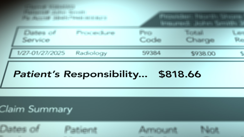 A medical bill with a 'patient's responsibility' monetary figure.