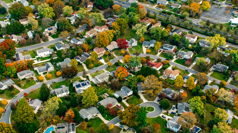 Helicopter shot of the northern suburbs of Washington, D.C., in fall