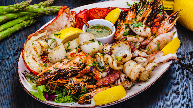 A platter with assorted seafood items