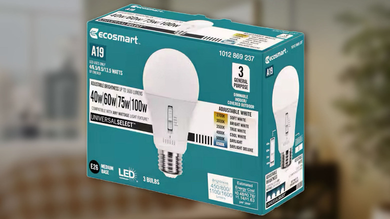 EcoSmart Universal Select A19 LED light bulb box showing adjustable wattage and color temperature options