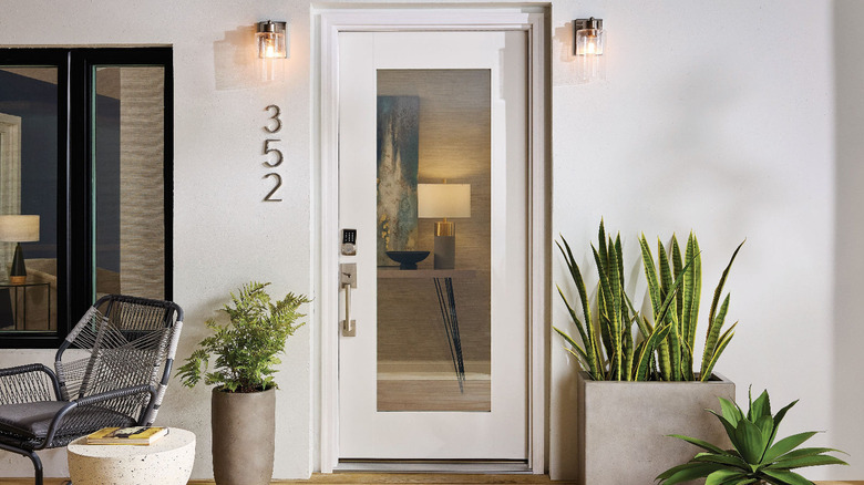 Feather River white fiberglass entry door with smart glass panel shown in opaque mode