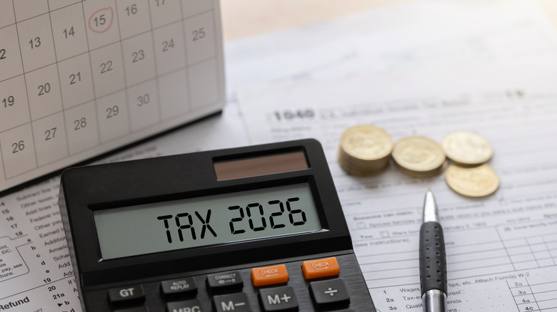 Calculator displaying Tax 2026 on screen