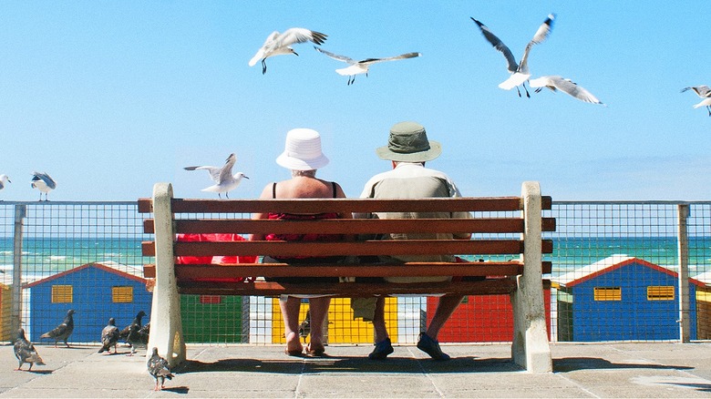 Bench, older couple watching waves
