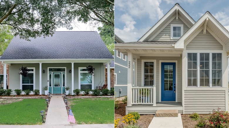 Side-by-side view of two detached homes: a light green house with a steep roof, covered porch and front lawn, and a smaller gray house with twin gables, a blue door and landscaped entryway
