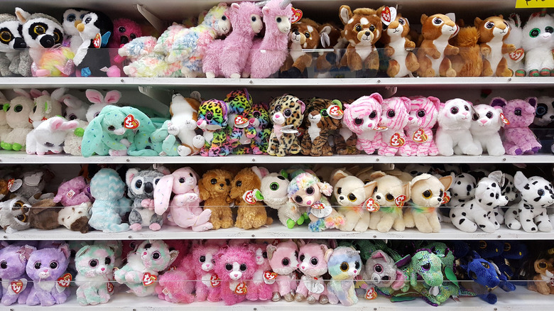 Stuffed Beanie Baby toys on a shelf