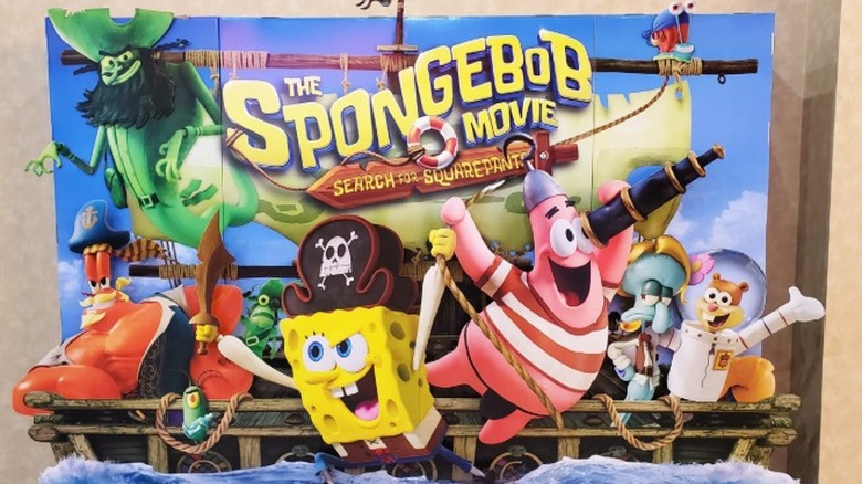 A promotional display for The SpongeBob Movie: Search for SquarePants at a movie theater in 2025.