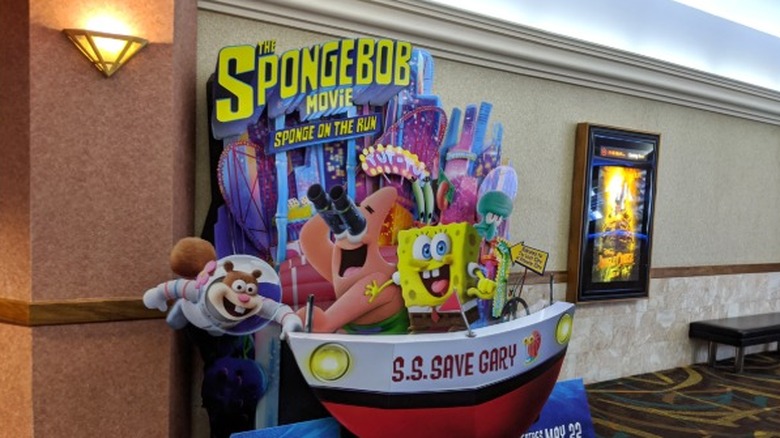 A promotional display for The SpongeBob Movie: Sponge on the Run at a movie theater in 2020.