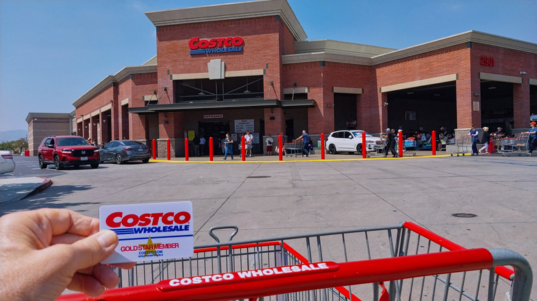 A hand holding a Costco membership card over a shopping cart with a Costco warehouse store in the background
