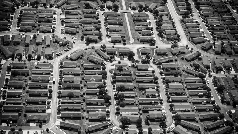 Aerial view of a suburban housing development in 1970