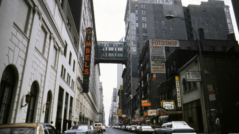 A Gimbel's sign on a city street