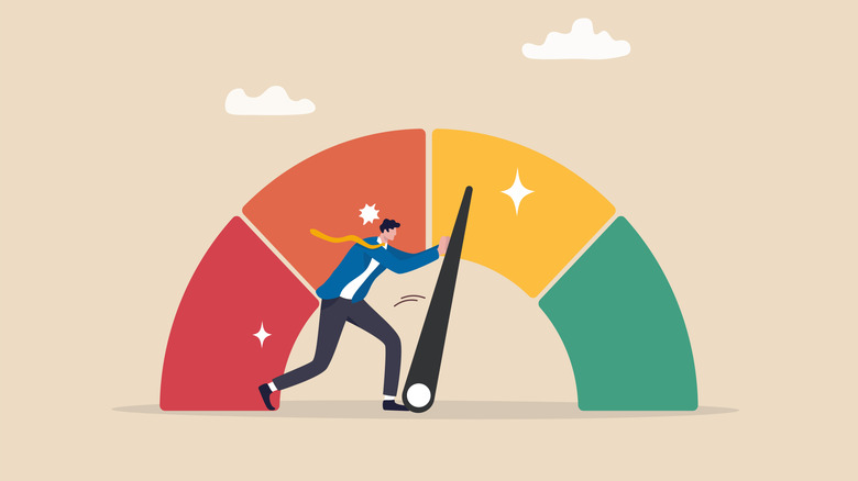 cartoon person pushing credit score needle higher
