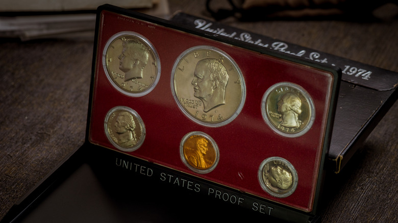 A set of six collectible coins in a special display.