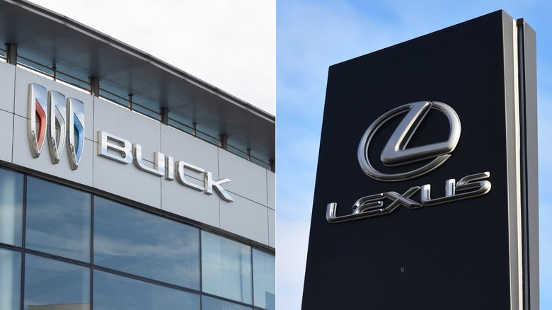 A split image of the signs for a Buick dealership on the left and a Lexus dealership on the right