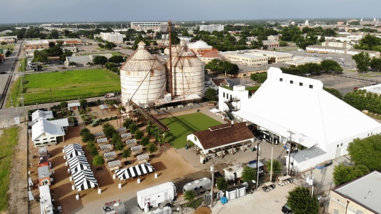 Aerial view of the Silos at Magnolia property in Waco, Texas owned by Chip and Joanna Gaines.