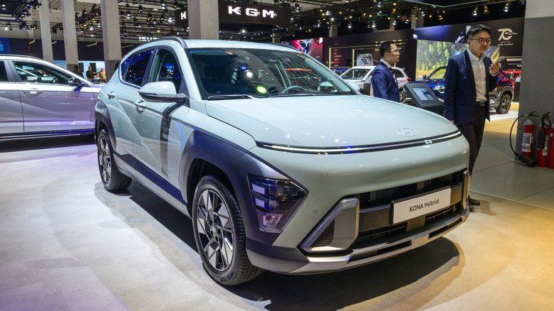 The Hyundai Kona Hybrid compact crossover SUV on display at the AutoSalon.