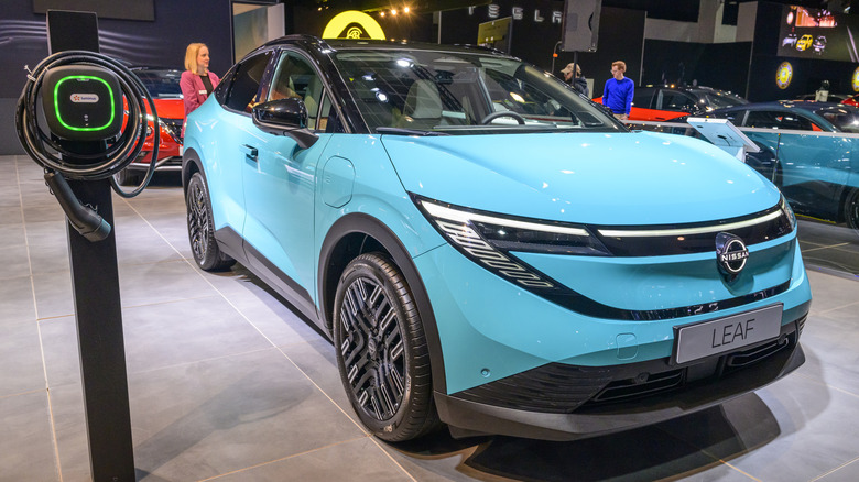 The Nissan Leaf full electric crossover SUV on display at the AutoSalon.