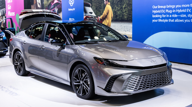 The 2026 Toyota Camry on display at an auto show.