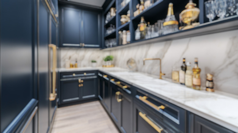 A small scullery with dark blue cabinets.