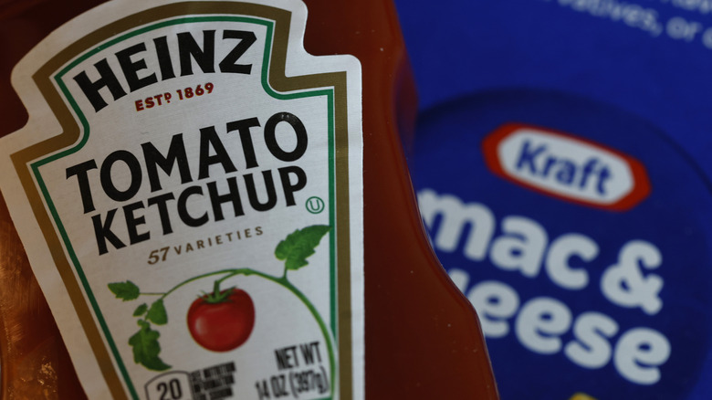 Bottle of Kraft ketchup and box of mac and cheese