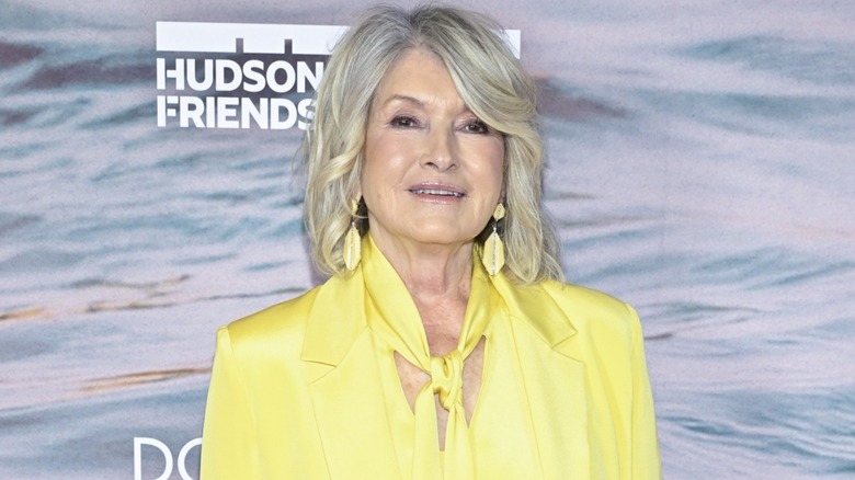 Martha Stewart in a bright yellow suit posing at an event in front of a Hudson River-themed backdrop