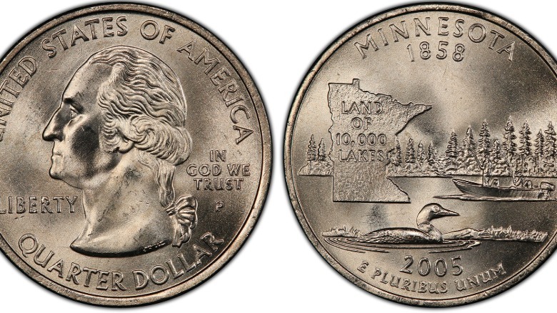 Two 2005 Minnesota state quarters sit side-by-side, obverse and reverse displayed to camera, against a white background.