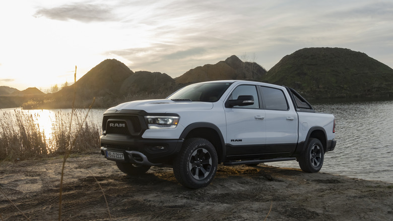 RAM 1500 pick-up with sunset in background.