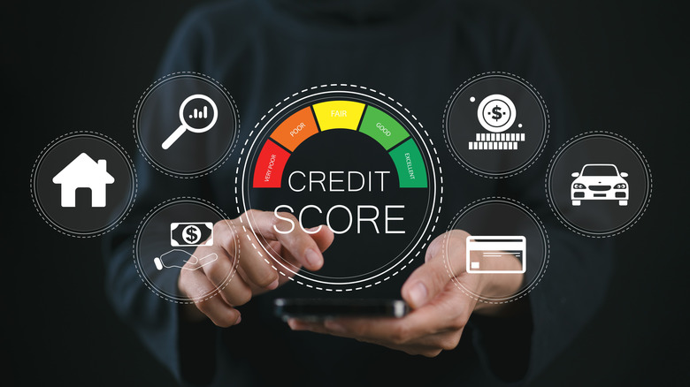 Person use smartphone with virtual credit score icon for chart