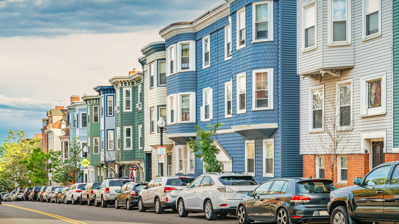 Townhouses lined down the street in Boston, Massachusetts