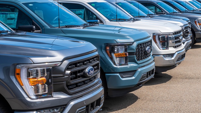 Ford F-150 pickup trucks lined up for sale at a dealership